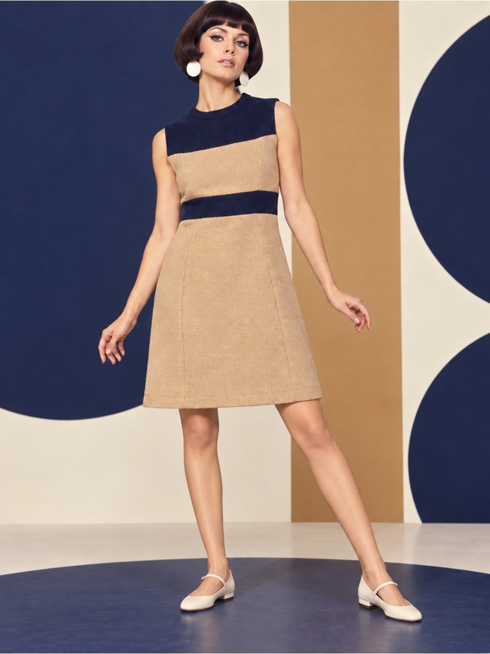 Vintage Handmade 60s Mod Colorblock Shift Dress Navy Camel Tan Medium Retro
